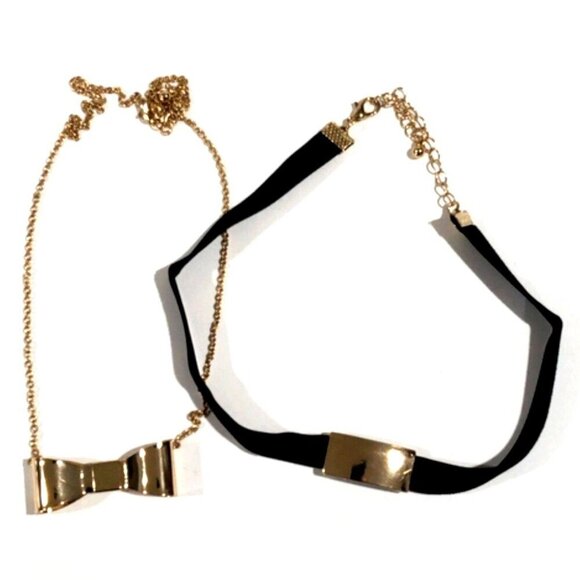 Set Of 2 Gold tone Bow Tie & Black Cord Necklaces 18" & 12" - Women's Jewelry